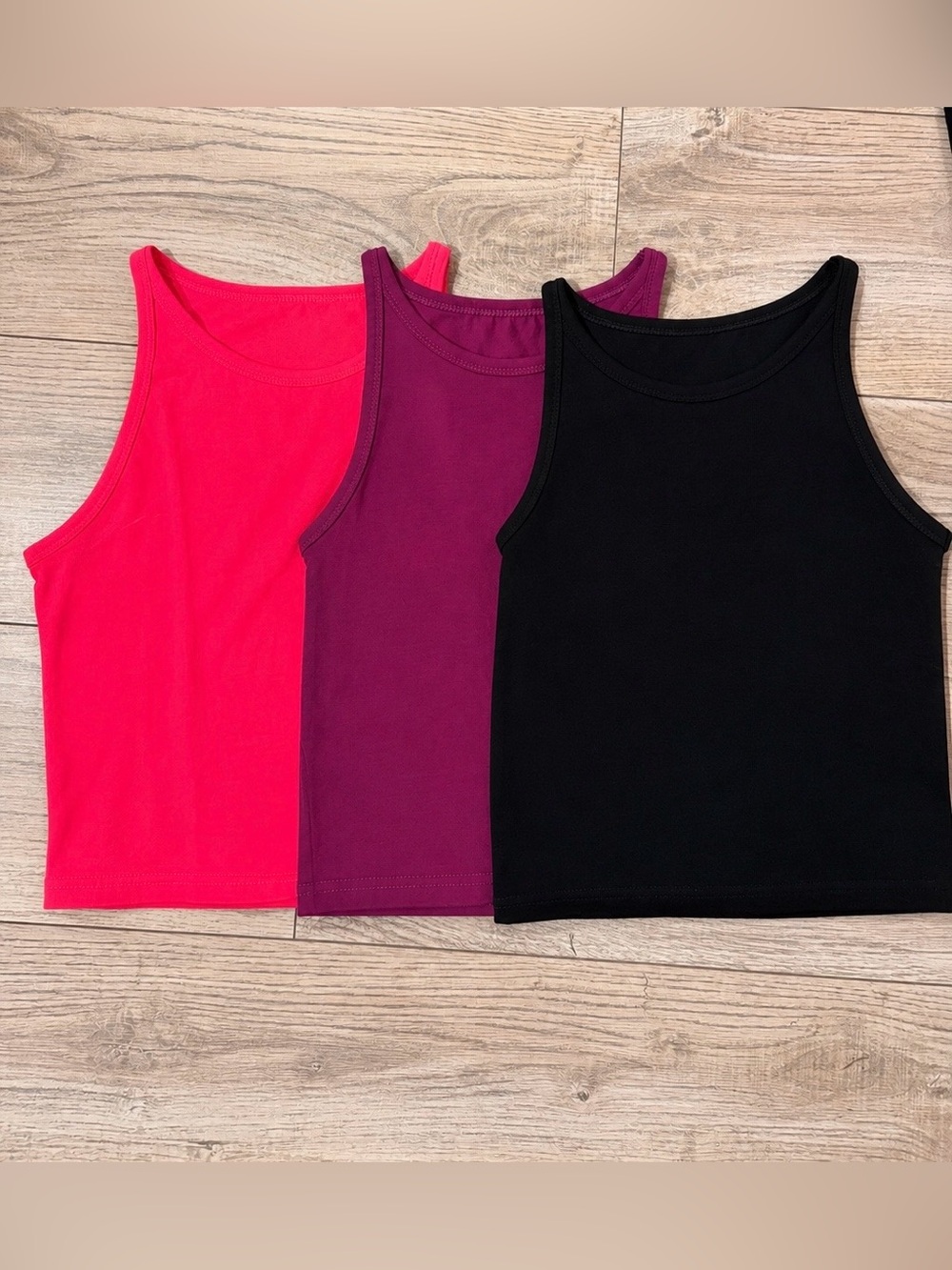 3 Pack Fitted Crop Tank Tops Pink Purple Black Size M
